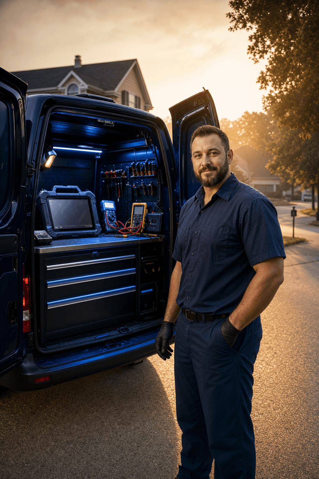Mobile mechanic van with open diagnostic bay in a Virginia Beach driveway at golden hour, navy and electric blue accents