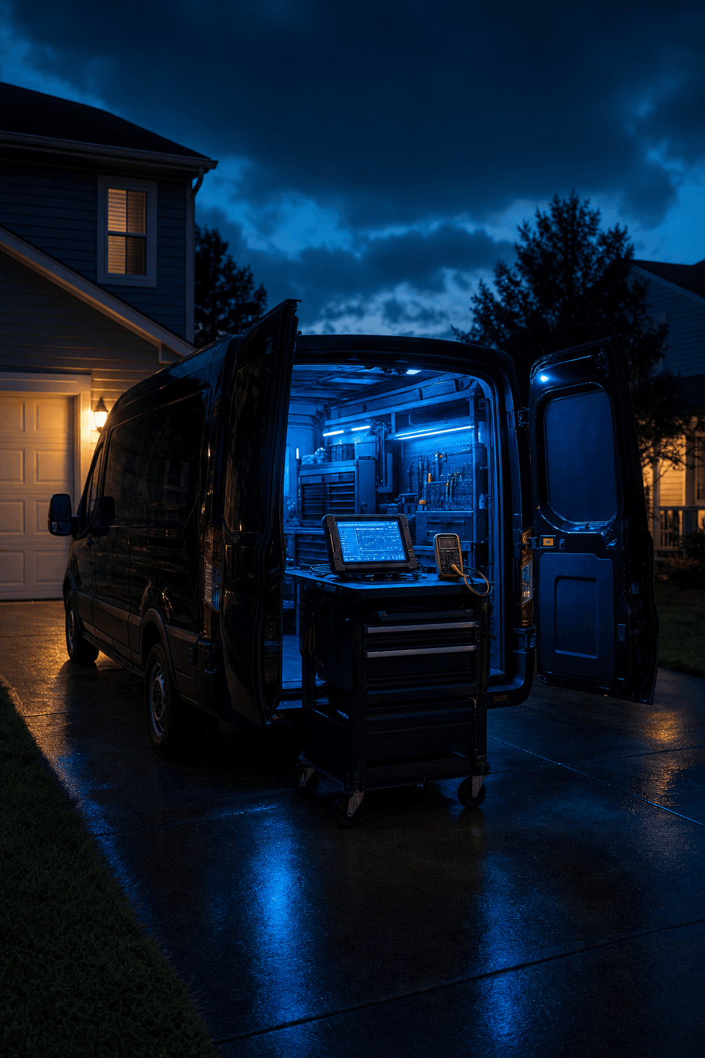 Mobile mechanic van with glowing blue diagnostic work light at dusk in a driveway