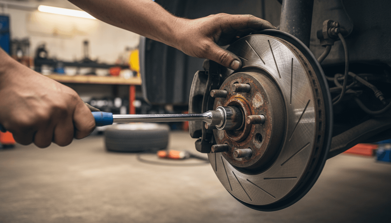 Mechanic working on brake repair with professional tools