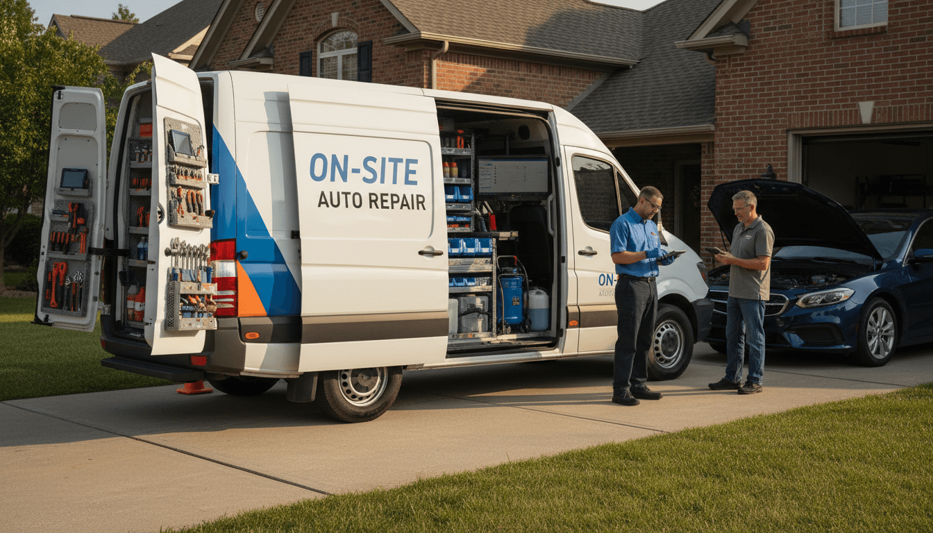 Mobile service van parked at residential home with technician performing vehicle repair while homeowner observes