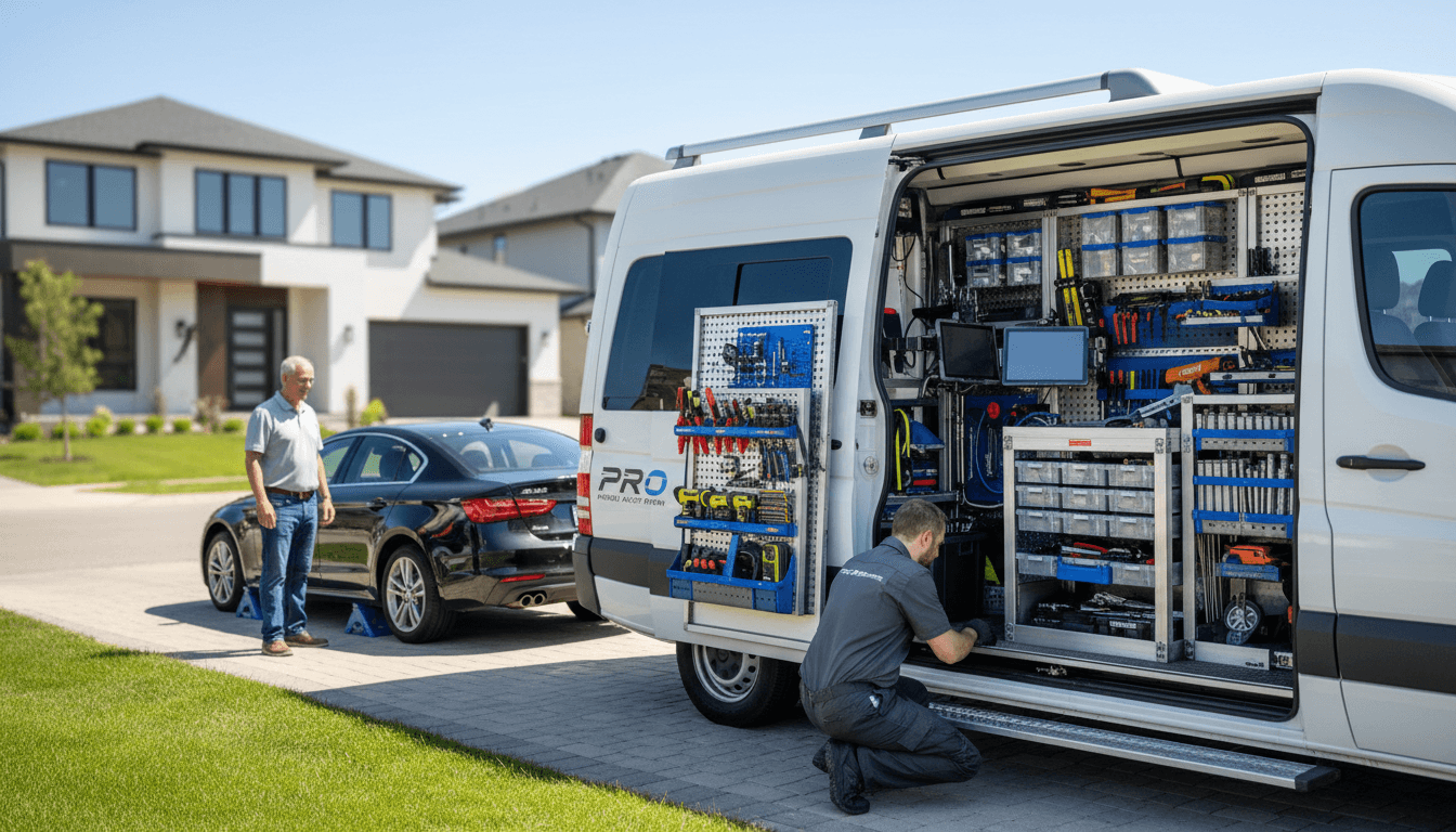 Mobile repair technician servicing vehicle in residential driveway with fully-equipped mobile workshop van