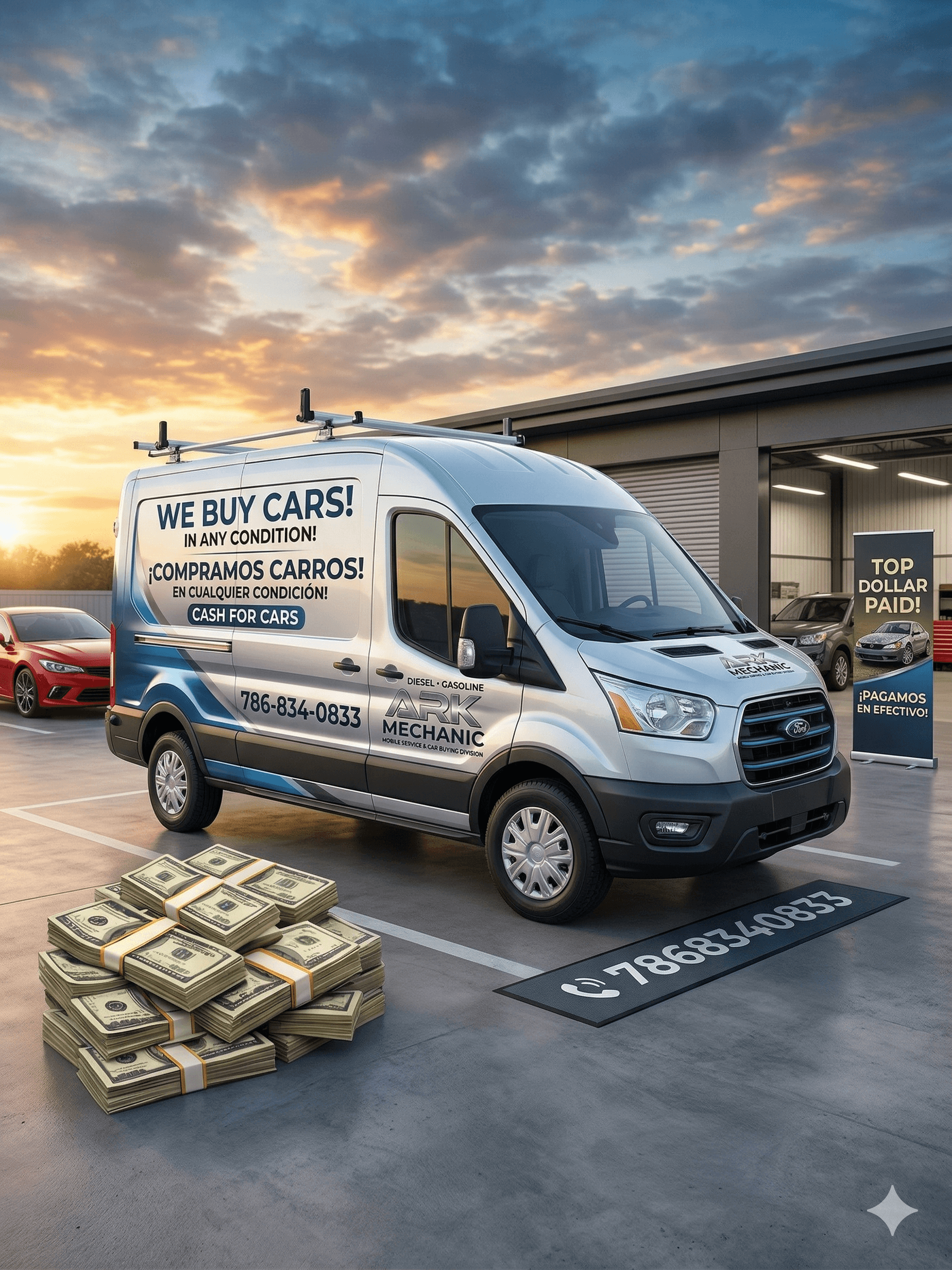 Silver ARK Mechanic van advertising "We Buy Cars" parked next to stacks of cash.